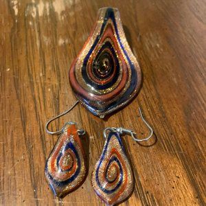 Vintage Glass Swirl Earrings and Pendant Gold Orange Blue